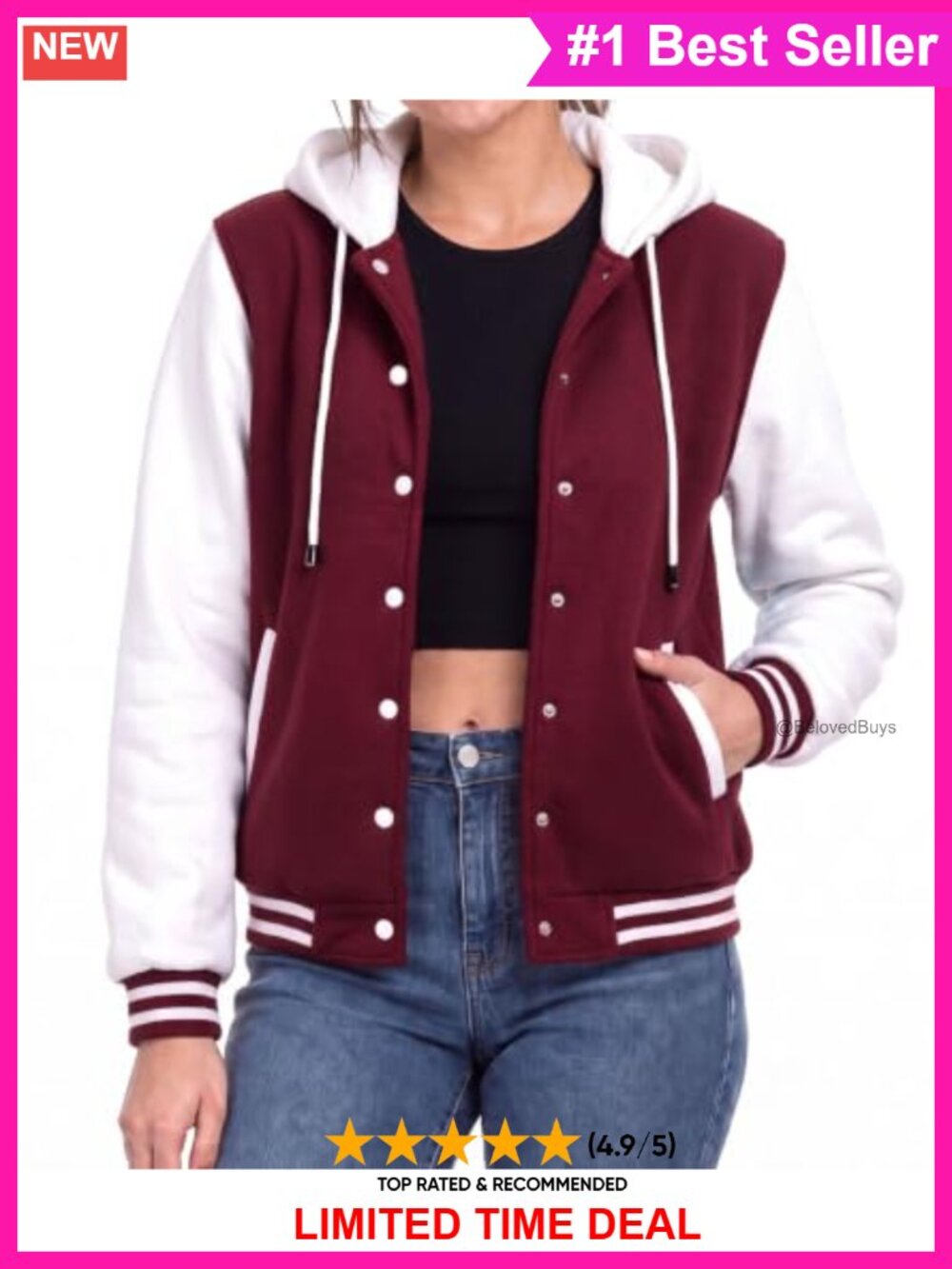 Womens Hooded Varsity Letterman Bomber Jacket Fleece Long Sleeve Regular Fit